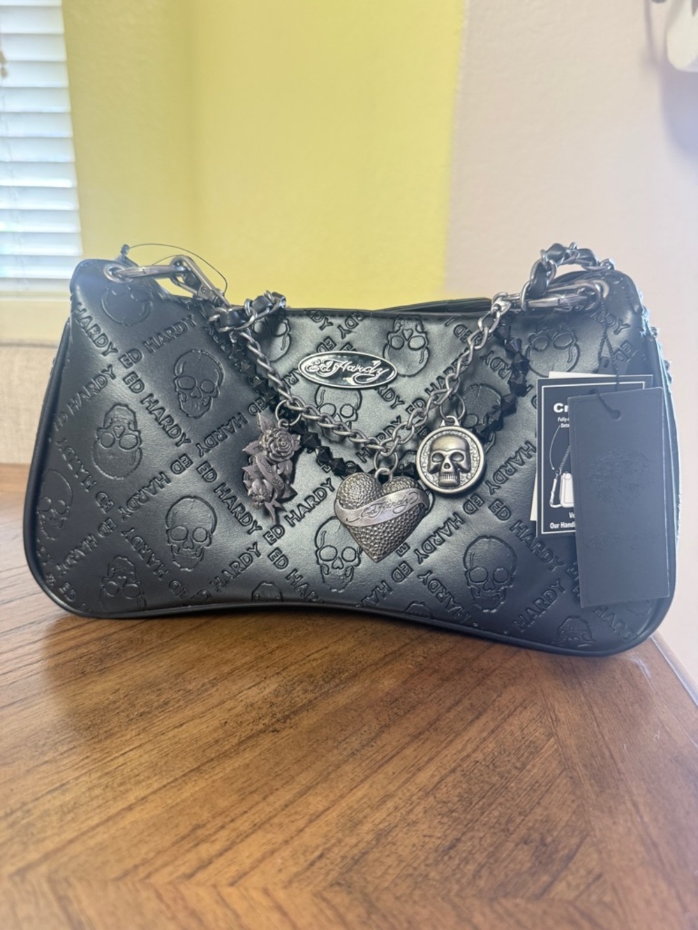 Ed Hardy Black Embossed Skull Chain Charm Shoulder Bag